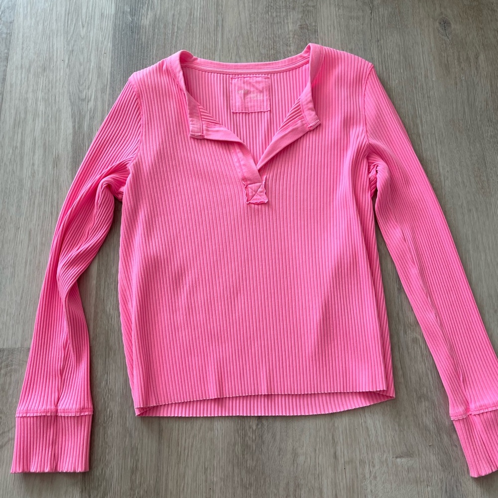 aerie Ribbed V‑Neck Long Sleeve Top - Pink